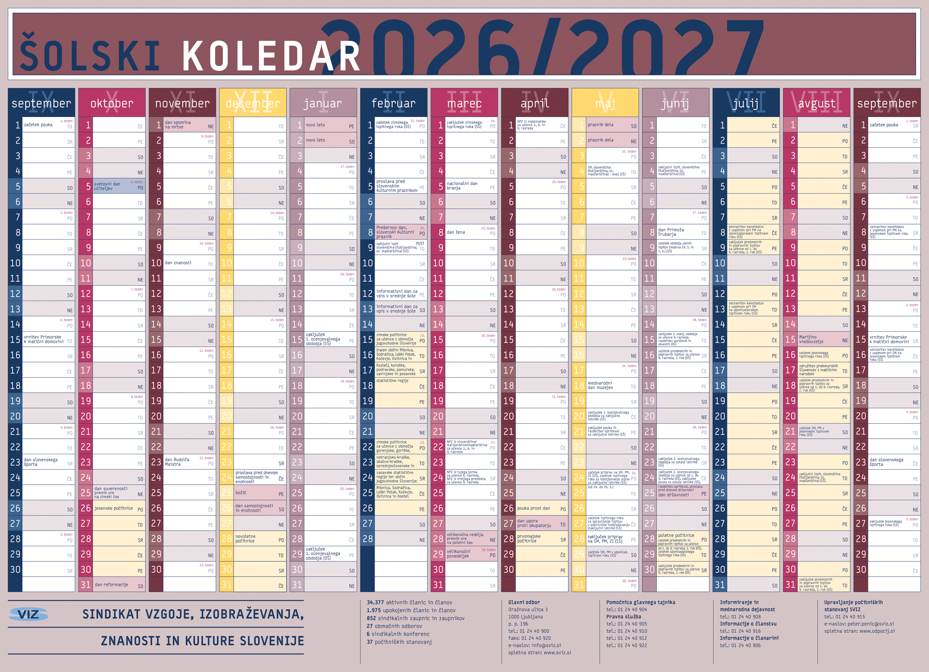 koledar z dogodki, ki so vezani na šolo in učitelje v letu 2026/27